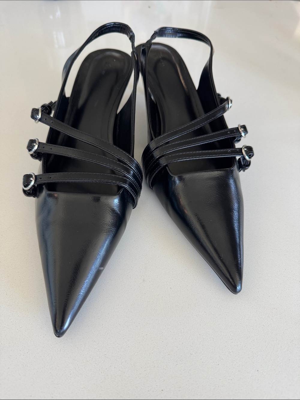 OAK + FORT Black Pointed Slingback Flats with Triple Straps